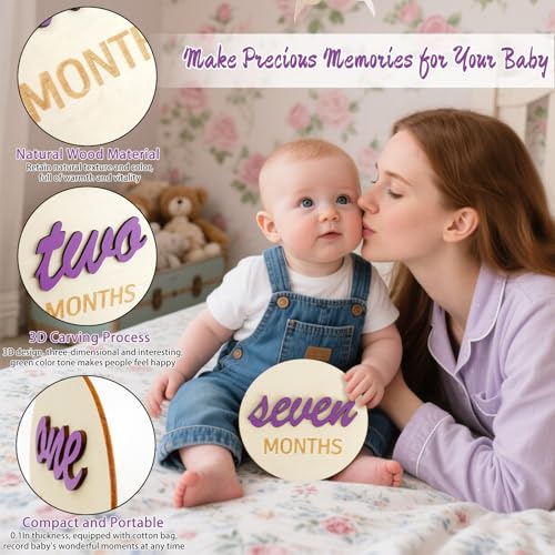 Image of LIOUCDB 3D Baby Monthly Milestone Cards Sign, 6 Pack Double Sided Baby Announcement Sign, Newborn Photography Props, 1-12 Months Milestone Wooden Circles for Boy and Girl