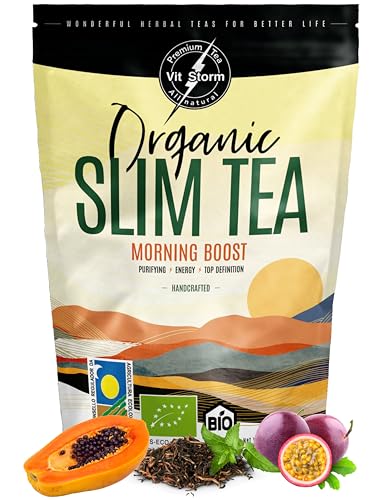 SLIM TEA Morning Boost | Thé Detox, Draineur & Diurétique | Boisson Energisante | Tisane Anti Ballonnements et Ventre Gonflé | Thé Vert, Maté, Moringa, Guarana,...