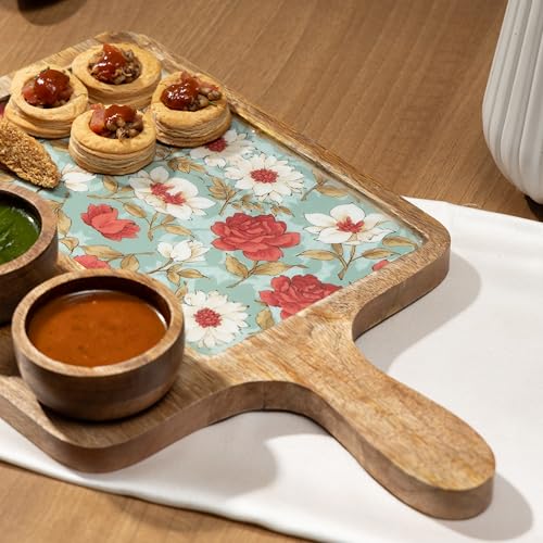 Image of Handcrafted Mango Wood Serving Platter with 3 Dip Bowls | Traditional Jamawar Kashmiri Print | Waterproof, Heat-Resistant, Food-Safe Lacquer Finish | 15.5 x 10 Inch | Made in India (3Katori-AquaRed)