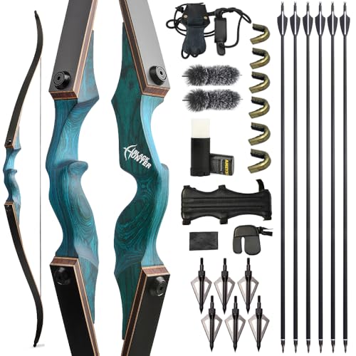 ZSHJGJR 60” Black Hunter Original Recurve Bow and Arrow Set 20-60lbs American Hunting Longbow Archery Bow Right/Left Handed for Outdoor Hunting Shooting Practice (Blue, 35lbs, Left Hand)