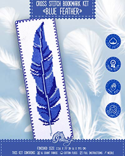 Image of Povitrulya Blue Feather Cross Stitch Bookmark Kit - DIY Embroidery Gift for Booklovers