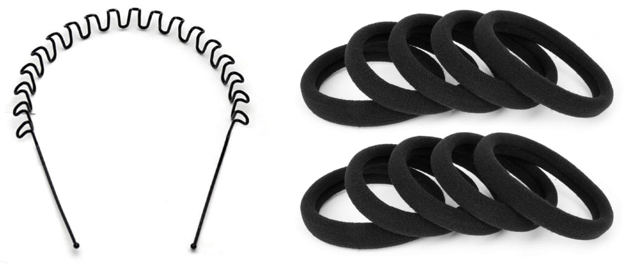 SBWC Zigzag Wave Metal Hairband Zig Zag Hair Band for Men and Women With Black Elastic Cotton Stretch Hair Ties Bands For Women - Set of 12 Pieces-image-37