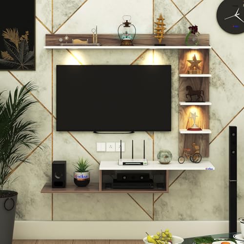 Image of Wintor Engineered Wood Wall Mounted TV Unit with 4 LED Lights,3 Open Shelves,1 Storage Box & Decorative Display Shelf for Living Room | Ideal for Upto 43 Inch TV- CoachWood /White(DIY Assembly)