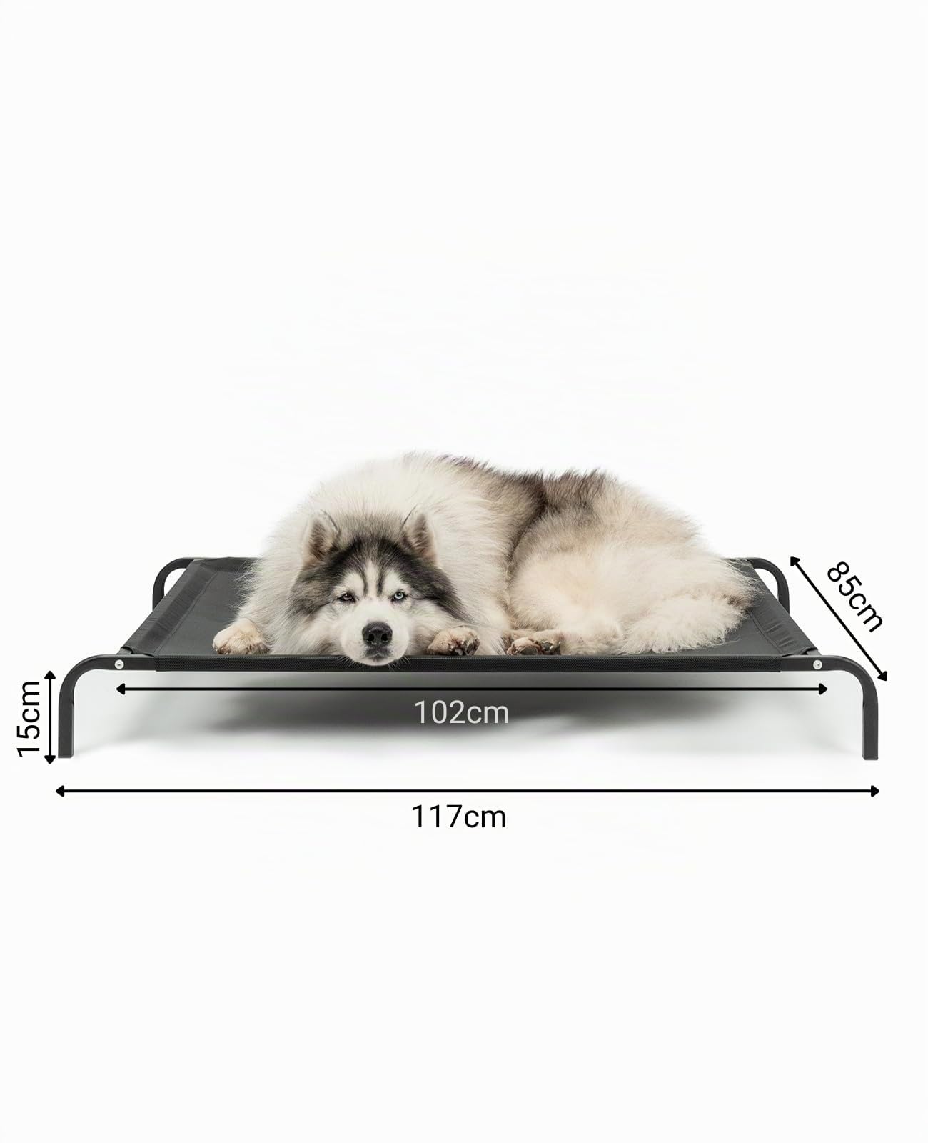 lionto Lit pour Chien surélevé d'extérieur, Couchage Stable pour Animaux avec Bonne Circulation de l'air, 117x85 cm, Housse Amovible en Maille Respirante, Cadre métallique Robuste, Noir