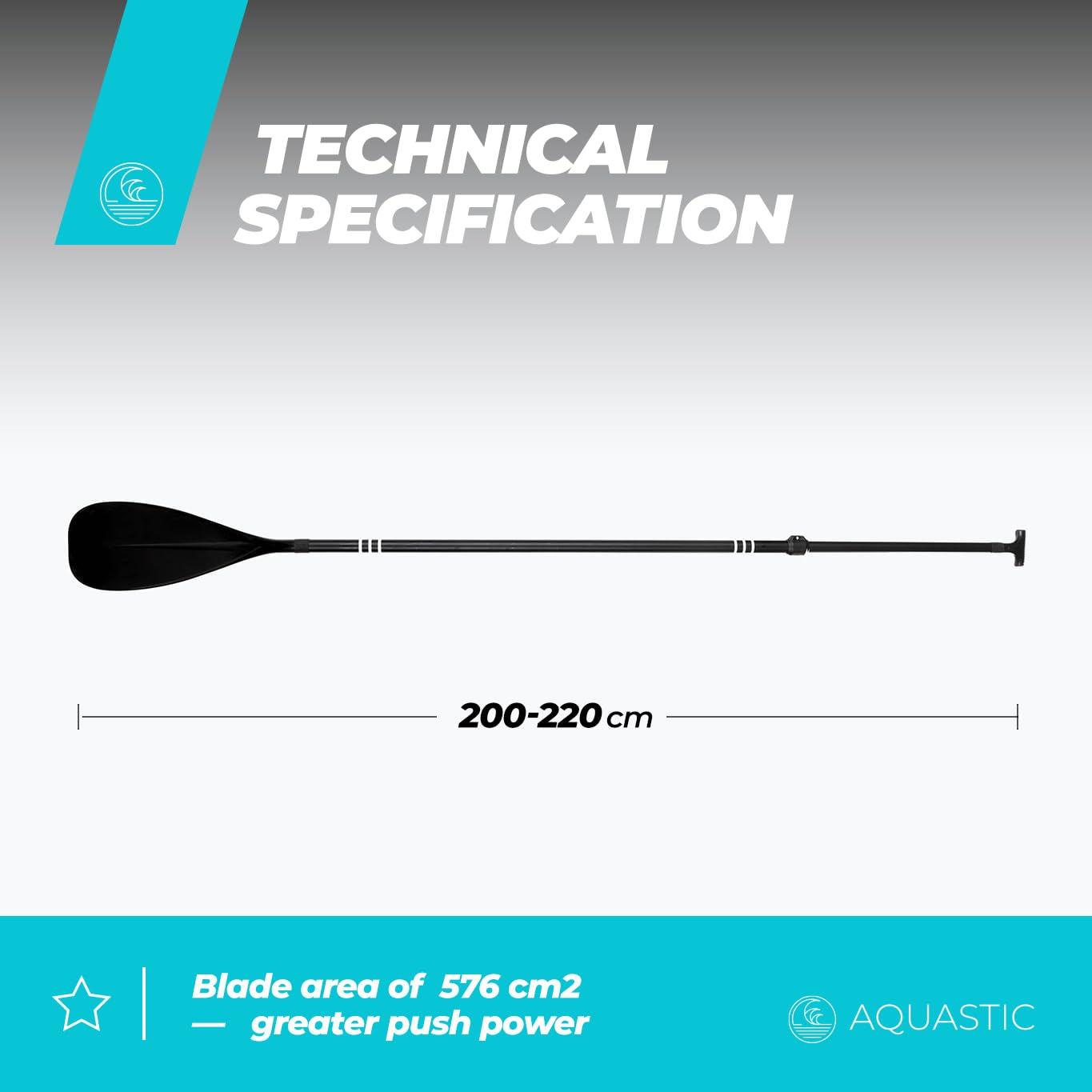 AQUASTIC, SUP Paddle 2 pezzi, lunghezza regolabile da 170 a 220 cm, asta in alluminio rinforzata con fibra di vetro, robusto nero AQS-SPD003