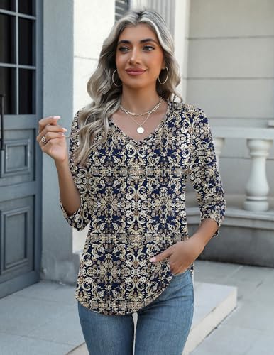 Image of Zeagoo Womens Blouse Casual 3 /4 Length Sleeve V Neck Basic T-Shirts Spring Summer Cute Tunic Tops Business Work Tees
