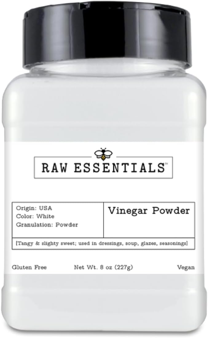 Raw Essentials White Distilled Vinegar Powder - 8 Ounce Bottle - Gluten-Free, Vegan - Tangy and Slightly Sweet - Great in Dressings, Marinades, Glazes, Dry Rubs, Seasonings