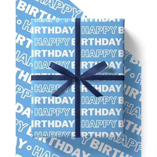 4 x Sky Blue Birthday Wrapping Paper - HUGE 43% BIGGER [84cm x 60cm] Eco Friendly Recyclable Premium Happy Birthday Gift Wrap (4 Sheets & 4 Tags)