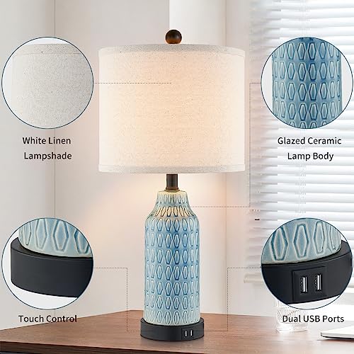 Ceramic Table Lamps for Bedroom Set of 2,Touch Lamp with USB Ports for Nightstand, 3-Way Dimmable Blue Coastal Bedside Lamps for Bedroom Living Room End Table Side Table(Bulbs Included) - Image 6