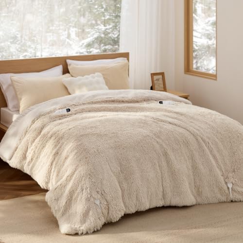 Image of Bedsure Faux Fur Long-Pile Heated Blanket King Size, Dual Control, Beige