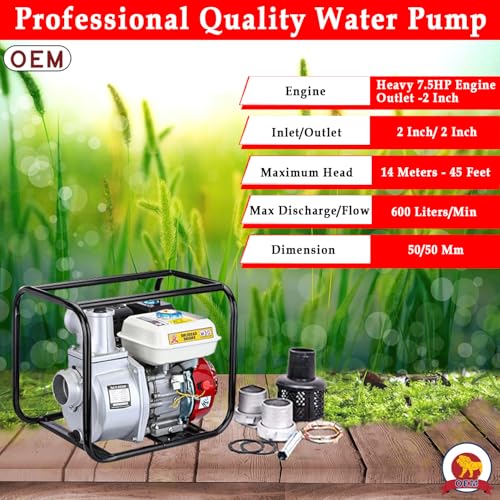 Image of OEM Professional 7.5HP Portable Water Pump with 2-Inch Outlet | 4 Stroke Advanced Technology Gasoline Petrol Engine, 3600rpm | Low Fuel Consumption, Heavy Suction, Long Running Life, Compact Design