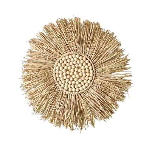 Decoración de pared Rafia - Arte colgante bohemio hecho a mano, decoración de pared natural | Colgante de pared de rafia rústica de madera, decoración bohemia tejida, adorno de pared de rafia grande p