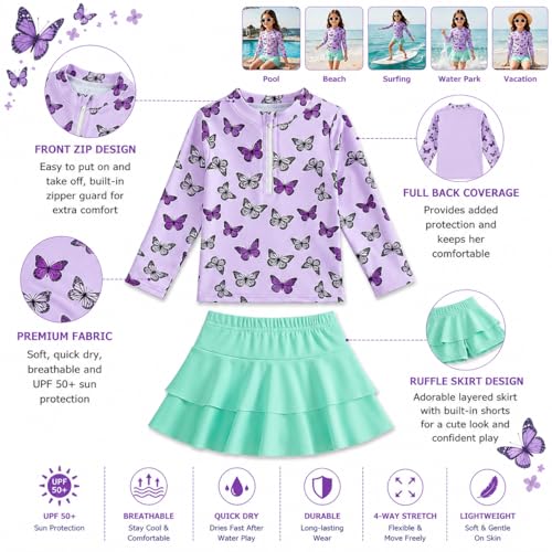 Image of Girls Rash Guard Swimsuit Set UPF 50+ Long Sleeve Two Piece Swimwear Half Zip with Skirt Bottom for Kids 3-10Y