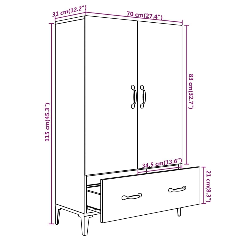 Hothingwell Credenza Komoda 70 x 31 x 115 cm, 2 ante 1 cassetto