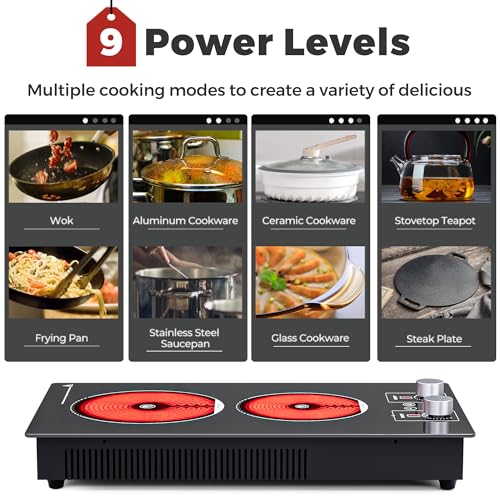Image of ADVWIN 2 Burner Electric Cooktop,110v Electric Cooktop 1800W with Knob Control,12 Inch Countertop & Built-in with Child Safety Lock, Timer, 9 Power Levels and Over-Temperature Protection