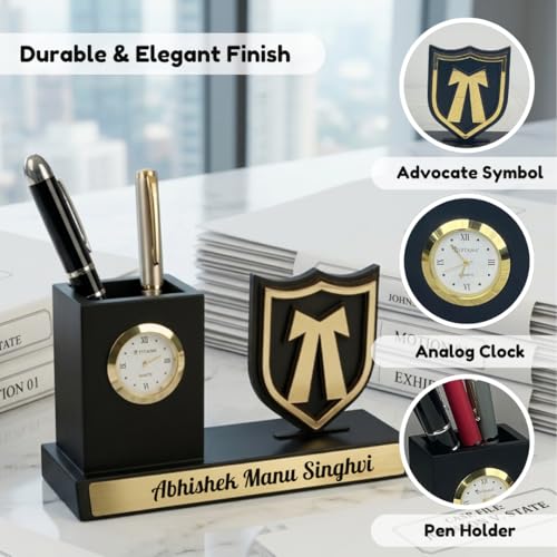 Image of Giftana Personalized Advocate Pen Stand with Name & Clock | Wooden Desk Organizer with Advocate Emblem | Customized Pencil Holder for Lawyers | Office Desk Decor | Birthday Gift for Advocate