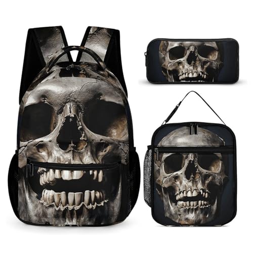 Death Skull Backpack Set Lightweight Bag Lunch Box Pencil Bags for Women Men Bookbags 3 in 1