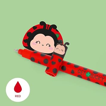 LEGAMI Erasable Gel Pen With 0.7 mm Tip - Refillable Erasing Pen - Red Ink - Get Lucky Ladybug Design