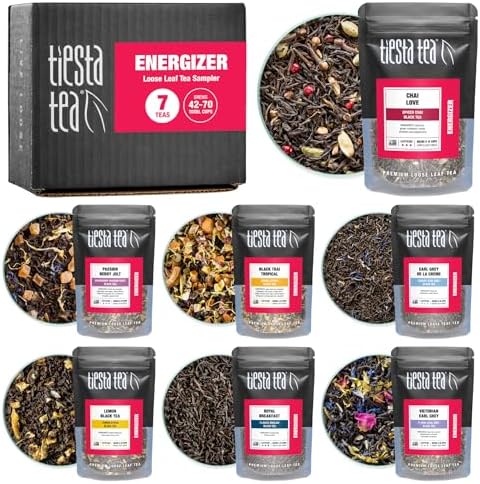 Tiesta Tea Dry Flight Sampler, Energizer Tea, 8 Count 1 Ounce Pouches, Loose Leaf Black & Mate Tea Blends, 8 to 12 Servings of Each Flavor, High Caffeine, Gift Set