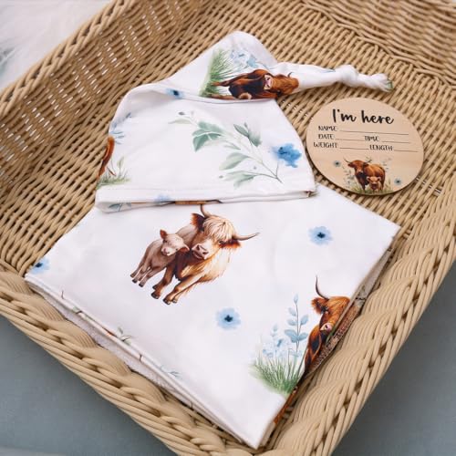 Image of Ylsteed Baby Highland Cow Swaddle Blanket and Headband Set, Newborn Receiving Blanket Swaddle Wrap for Girls and Boys, Swaddling Blankets Neutral for Newborn 32 * 32 in (Highland Cow Blue)
