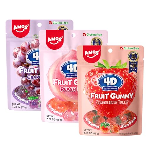 AMOS 4D Gummy Sweets Candy Fruit Burst Sweet Candy 3 Flavors (Strawberry & Peach & Grape) Center Fill Real Fruit Juice Sweets Chews Snacks Sweet Party 65G/Bag- 3Bags
