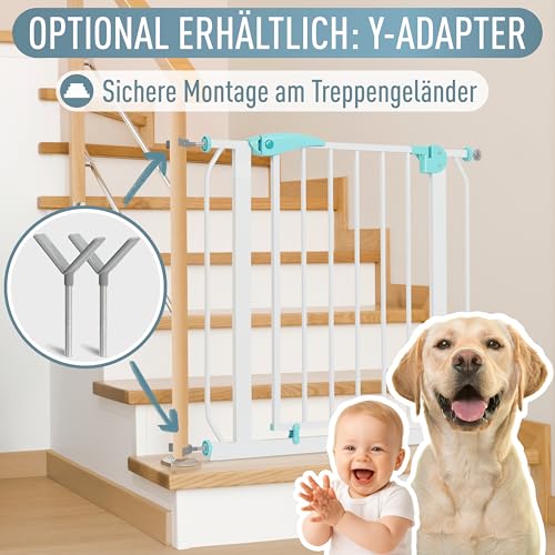 IB STYLE Türschutzgitter Berrin 150-160 cm, Treppengitter für Babys, Treppenschutzgitter ohne Bohren, Türgitter zum Klemmen, Kindergitter, Weiß Türkis