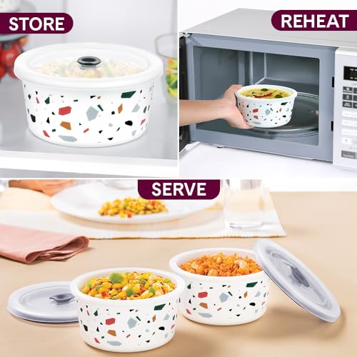 Image of Larah by BOROSIL Confetti 2 Pcs Storage Bowl, 400 ml Each, Opal Glass Storage Container with Air Tight Lid | Microwave & Dishwasher Safe