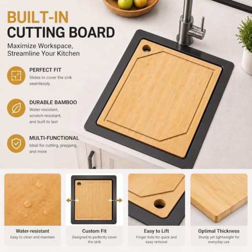 Image of LQS Undermount Wet Bar Sink Black, Undermount Bar Sink Stainless Steel 13 inch x 15 inch, Small 10 inch Deep Single Bowl Kitchen Sinks, Smart Workstation Ledge With Cutting Board For RV, Outdoor and Prep Use