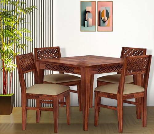 Image of Sheesham Wood 4 Seater Dining Table with 4 Cushion Chairs for Living Room Home Office Dining Room Wooden Furniture CNC Design Dinner Table Set (Honey Finish) | 1 Year Warranty