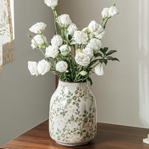 Ceramic Flower Vase | Green Rustic Farmhouse Vase for Home Decor, Vintage Floral Tuscan Decorative Pottery Vase for Living Room & Kitchen, Centerpieces, Mantel & Bookshelf, Entryway, Wedding(7.8 Inch)