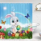 Easter Shower Curtain, Colorful Easter Eggs and Easter Bunny Rabbit Butterfly for Spring Festival...
