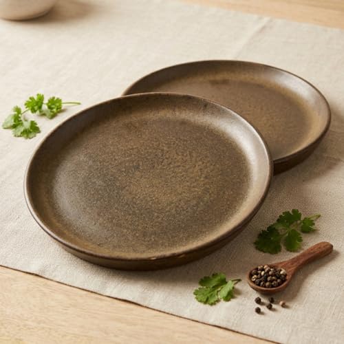Image of The Earth Store Brown Rim Ceramic Platters Set of 2 (8 Inch) - Microwave & Dishwasher Safe Serving Platters for Snacks, Dining & Restaurant Use