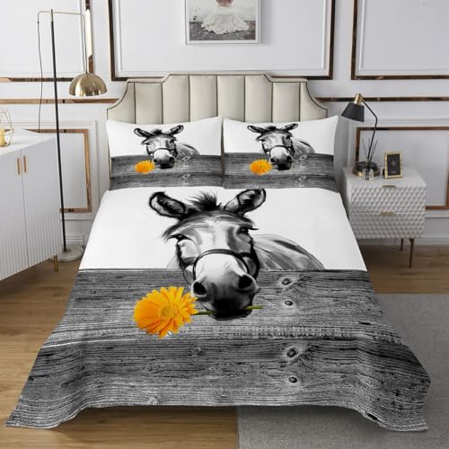 Erosebridal Funny Donkey Bedspread Set Twin Size,Sunflower Quilt Set Boys Girls Yellow Floral Coverlet Set Farm Animal Donkey Sketch Bed Cover Wooden Board Bedspread Sets