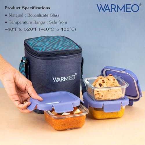 Image of WARMEO BOROFRESH 3 pc Square Borosilicate Glass Container (325 ml Each) | Leakproof, Microwave & Dishwasher Safe Lunch Box with Bag for Office, College & School