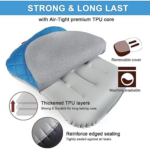 Ultralight Inflatable Camping Travel Pillow with Soft Washable Cover - Compressible, Compact, Comfortable, Ergonomic - Camp, Hiking, Backpacking Blue