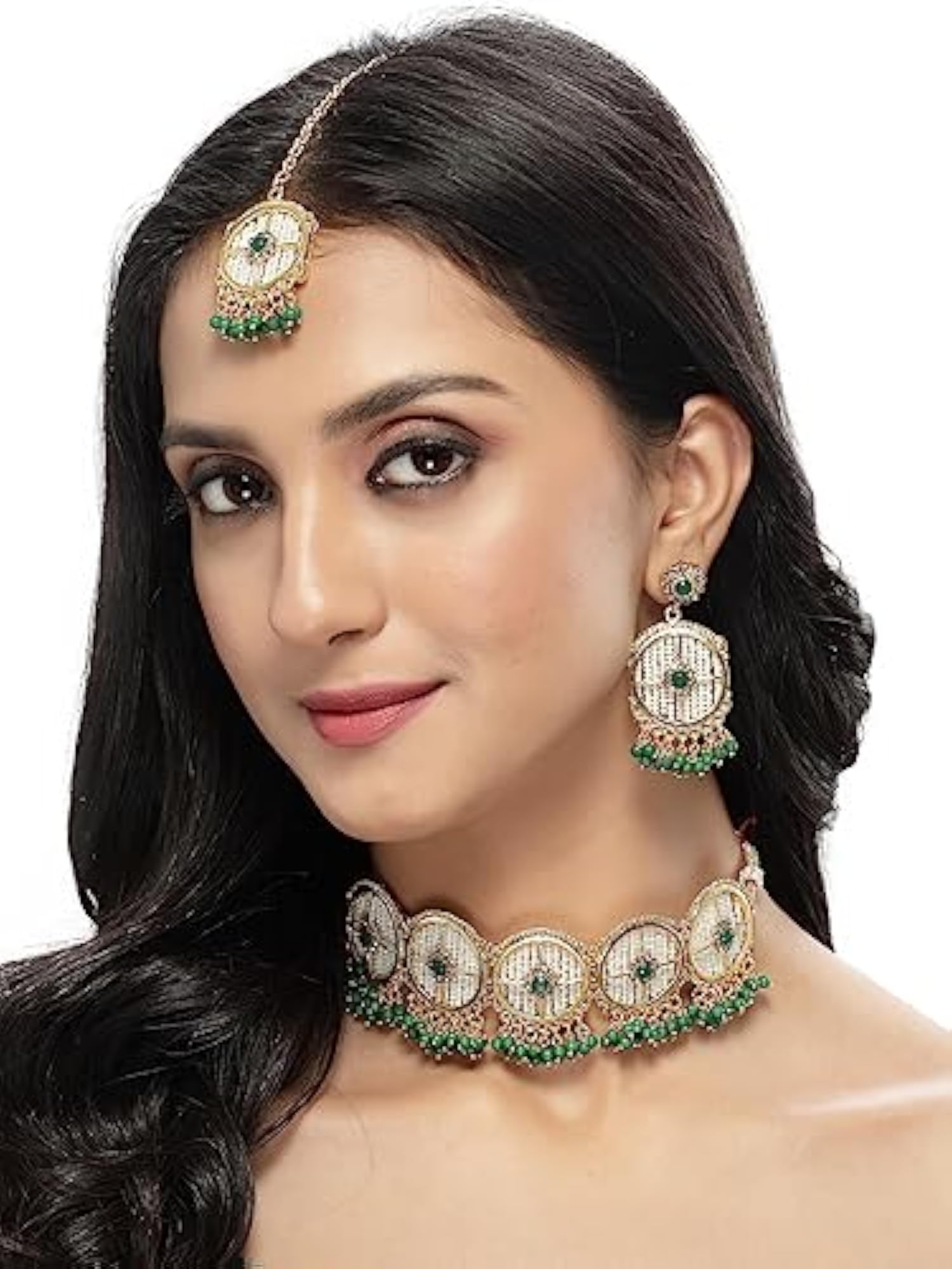 Circular Beads Choker Necklace Set With Earring And Maangtika