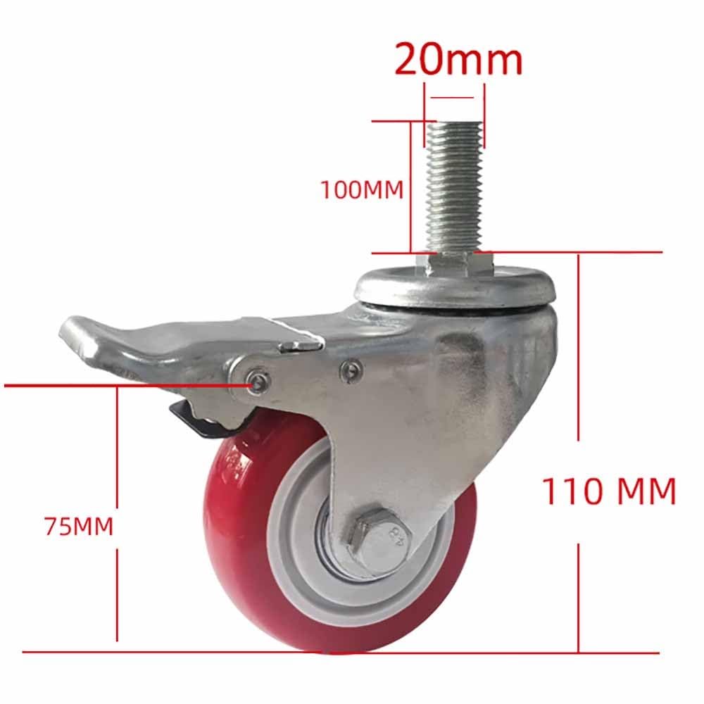 75/100/125mm Roulettes Robuste avec M20*100mm Tige Filetée, Roulettes Pivotantes de Industriel avec Frein, PU Roulettes Silencieux de Rechange, Lot de 4 (Color : 3"/75mm, Size : Swivel)
