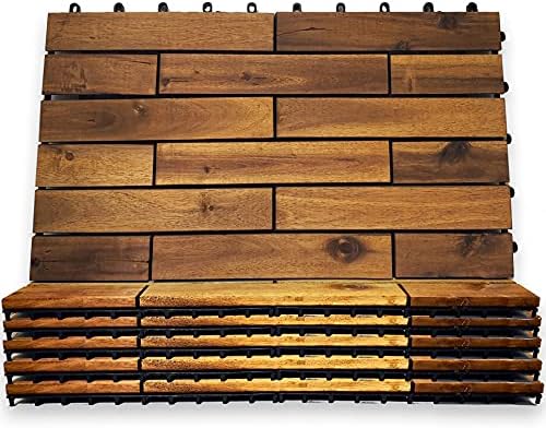 Interlocking Deck Tiles 24 x 12 Long Boards - Snap Together Wood Flooring 6 Pack | Acacia Hardwood Outdoor Flooring for Patio | Floor Decking Tile, Waterproof Balcony Flooring, Wooden Parquet Flooring