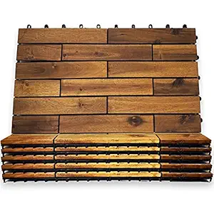 Interlocking Deck Tiles 24 x 12 Long Boards - Snap Together Wood Flooring 6 Pack | Acacia Hardwood Outdoor Flooring for Patio | Floor Decking Tile, Waterproof Balcony Flooring, Wooden Parquet Flooring