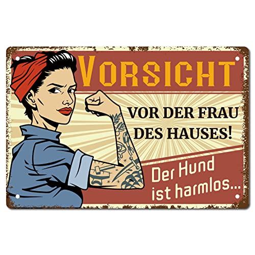 CREATCABIN Vorsicht VOR Der Frau Des Hauses Sign Vintage Tin Signs Funny Metal Tin Sign Wall Art Garden House Placa para Hombre Mujer Cocina Café Pared Halloween Navidad Decoración, 12 x 8 Pulgada
