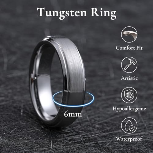 Image of King Will Classic Tungsten Wedding Band for Men, 6 /7 /8 /9 /10mm Widths, Polished Finish Step Edge Matte Rings Comfort Fit