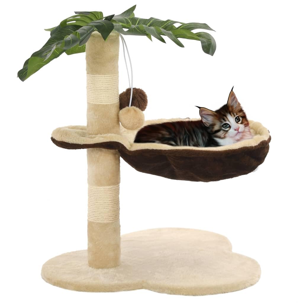 Katzenkratzbaum mit Sisal-Kratzstange 50 cm Beige Braun, Kleiner Katzenbaum mit Kuschelbett, 2 hängenden Bällen und 3 Blättern, Stabile Basis für Hauskatzen