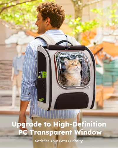 Pecute Dog Backpack Carrier,Large Space Dog Bubble Backpack,Ergonomic,Khaki | Color Blocking,Sunshade curtain,Folding bowl,Transparent window,Sturdy,Large mesh on both sides for breathability - Image 3