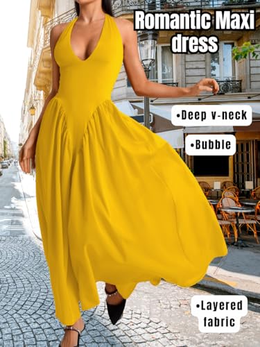 Image of ChiaoLezhee Deep V Neck Dress, Halter Maxi Dresses, Vacation Date Night, Sexy for Women Corset Flowy Wedding Guest Drop Waist