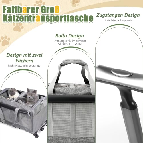 Katzentransportbox Mit Rollen, Faltbarer Groß Katzentransporttasche, Abnehmbaren Katzenbox Transportbox Mit Fächern, Katzen Transportboxen Für 2 Katzen, Vorhangstil Belüftetes