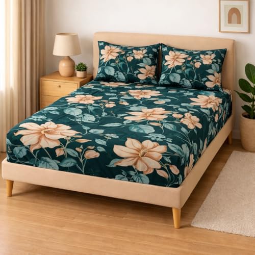 Image of Rome Warm Flannel Fitted Bedsheet with 2 Pillow Covers - 155 GSM Soft Bedsheet Set with Elastic Deep Pocket 90x100+10 Inches for Double Bed, AC Room & All Season Comfort -Green Floral