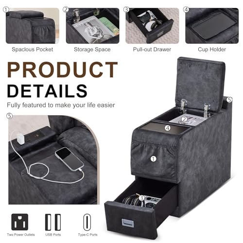 Image of DRMBOOK Power Recliner Chair, Electric Wall Hugger Reclining Sofa with Massage & Heat, Modern Theater Seating with LED Light /USB Port /Cup Holders for Living Room (Velvet Grey, 1 Chair with Console)