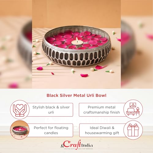 Image of eCraftIndia Black Silver Metal Urli Bowl for Home Decoration Office Tv Unit Kitchen Showpiece for Good Luck | Urli for Floating Candles Flowers for Pooja Room Entryway Living Room Diwali Gift