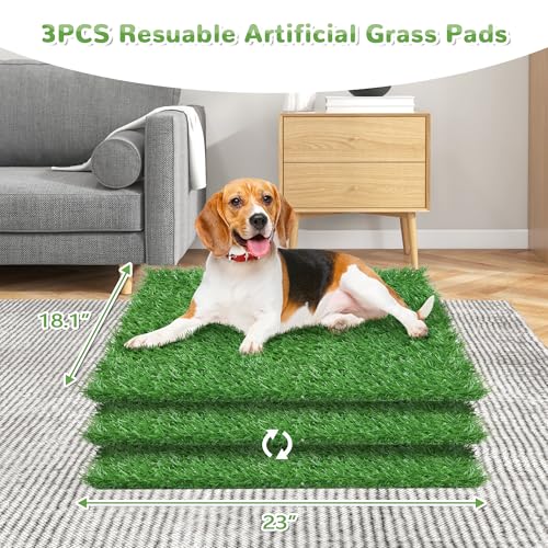 Image of 25 inch x 20 inch Dog Grass Pad with Tray, 3PCS Washable Artificial Grass Pee Pads | For Indoor Dog Potty, Portable Reusable Pet Toilet for Small /Medium Dogs, 3-Layer System