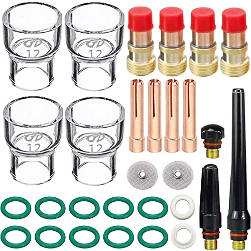 QAQGEAR 29 Stück TIG Stubby Gas Lens 17GL332 3/32" & #12 Glas Cup & Wig Gas Lens Collet Kit für WP-17/18/26 Cover